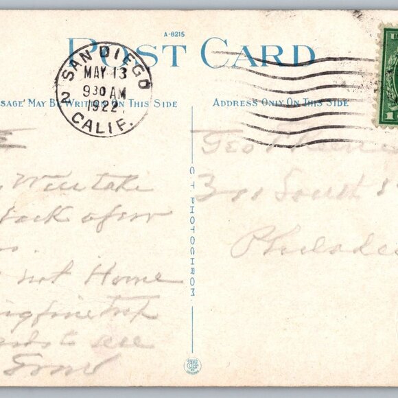 Vintage 1922 Hotel Del Coronado California Postcard With Handwriting #1393 - Picture 2 of 2